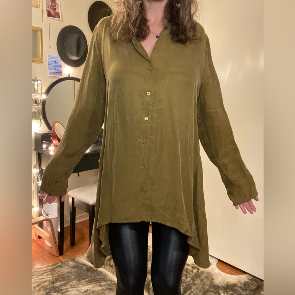 Great olive green full length oversized blouse / shirt dress
